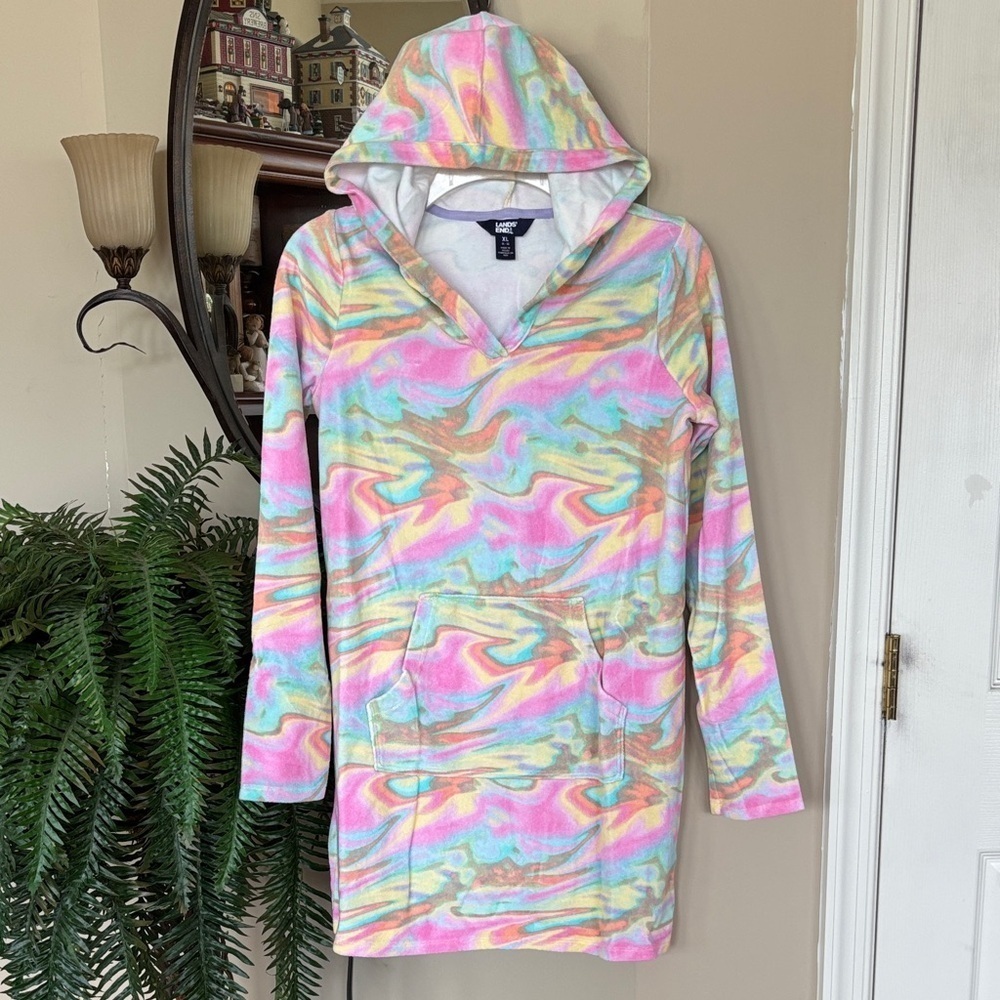Brand New Lands’ End Pastel Swirl Terry Cloth Swim Coverup Hooded Dress